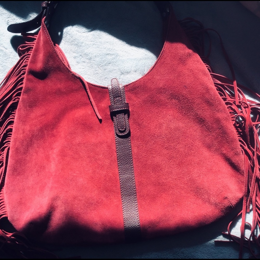 Suede handbag fringed from Sundance, color Merlot